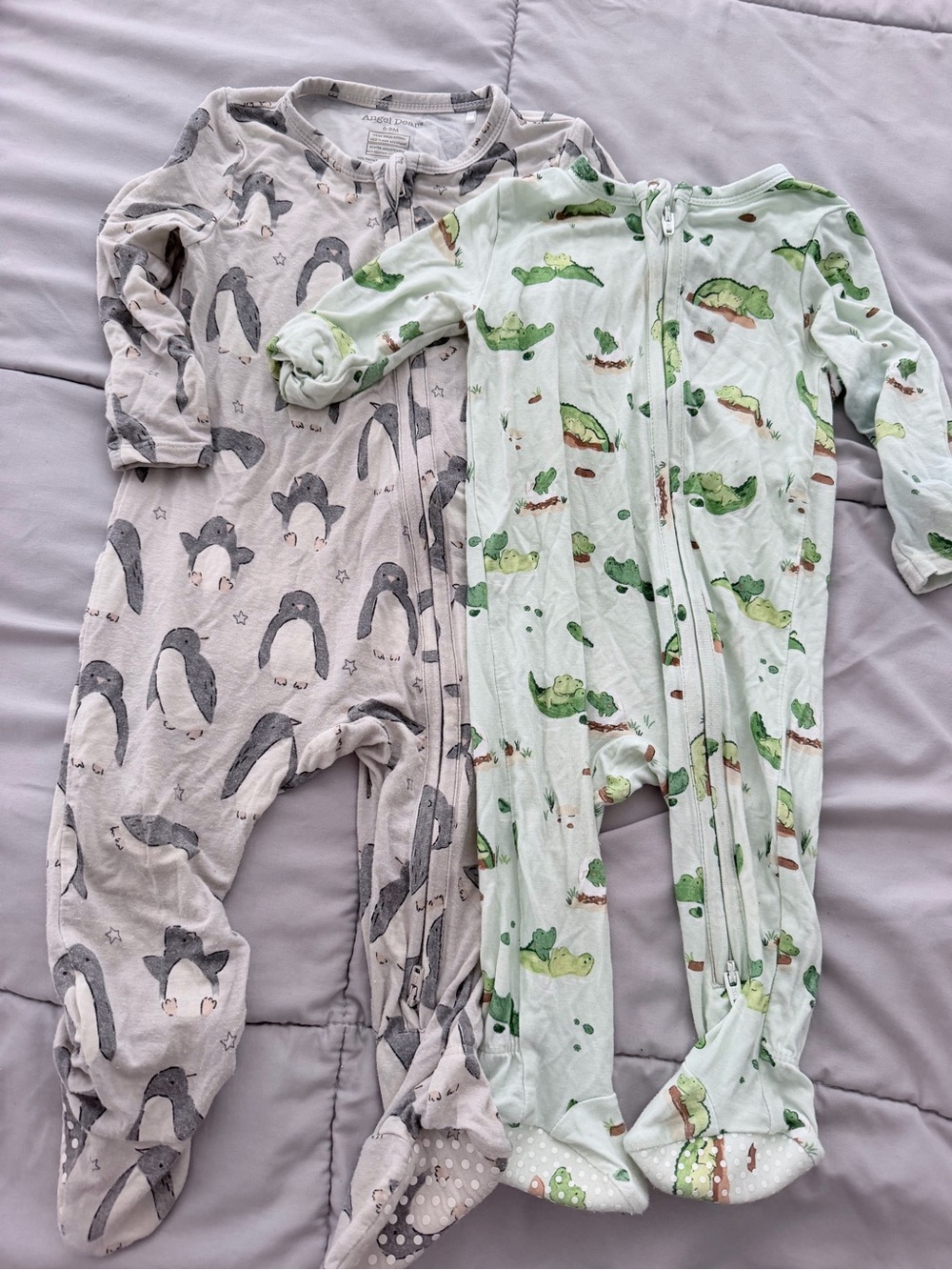 (2) Angel Dear Soft Penguin & Crocodile Print Baby One-Piece Sleepers Bundle